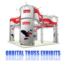 Orbital Tradeshow Truss System Booths with Printed Graphic, Heavy Duty Expo Truss Kits have a Lifetime Guarantee on all Hardware