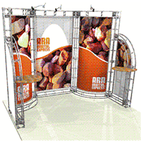 Truss Booth 10ft x 10ft Truss System Corner Booth, Aisle Booth and Island Booth Exhibits. Heavy duty truss frames with printed graphics. Requires NO TOOLS for set up, simply twist and lock! 5 Year Warranty on Truss Hardware!