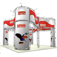 Truss Booth 20ft x 20ft Truss System Island Booth Exhibits. Heavy duty truss frames with printed graphics. Requires NO TOOLS for set up, simply twist and lock! 5 Year Warranty on Truss Hardware!