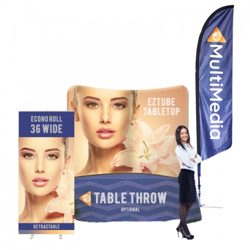 Exhibit Booth Kit 3 - Tabletop Display, Pull Up Banner, Feather Flag