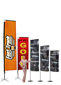 A Storefront flag pole banner outside your business is sure to grab attention, great as sidewalk flags and entry way flags! Custom printed flags single or double sided.